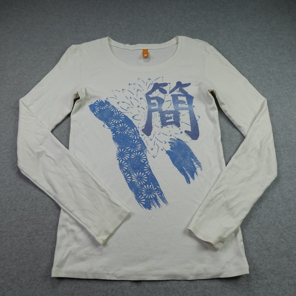 Lucy T Shirt Womens M Cream Casual Long Sleeve Tee Floral Japanese Graphic